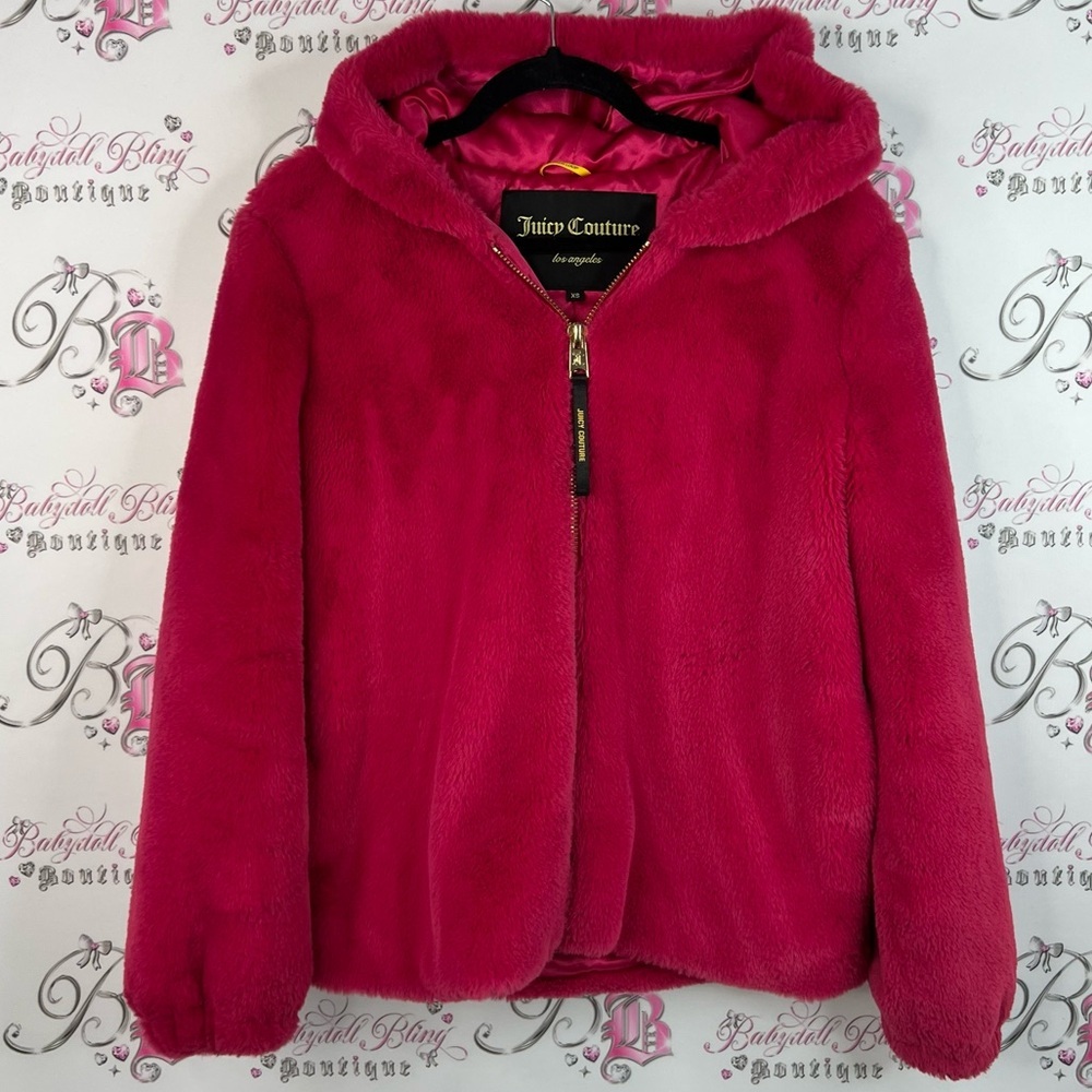 Juicy Couture jacket fur zip up gold faux fur bright Vibrant Pink Hooded Jacket